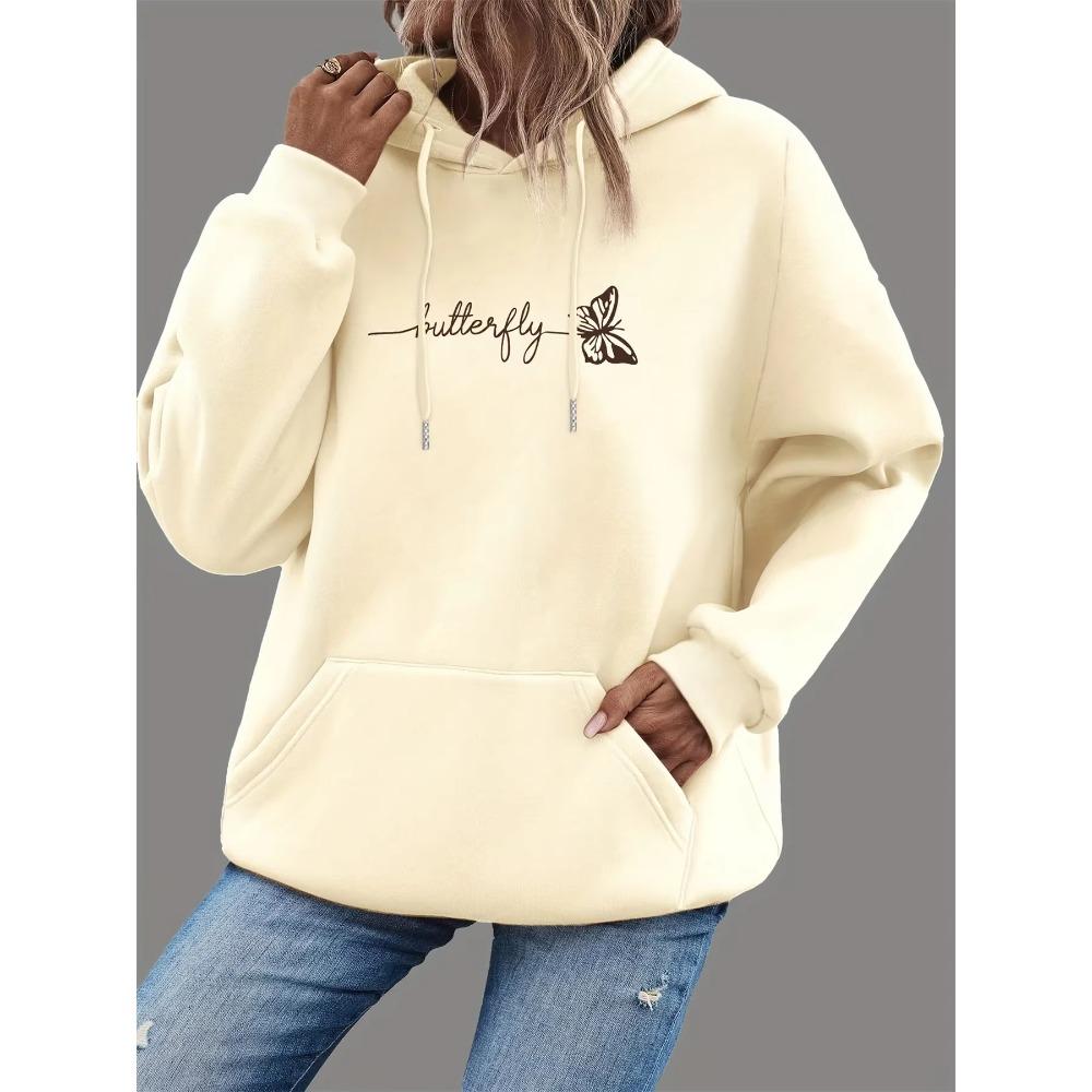 Women's Autumn Winter Loose Casual Butterfly Letter Pattern Printed Hoodie Long Sleeve with Pocket Women Daily Trendy Sweatshirt