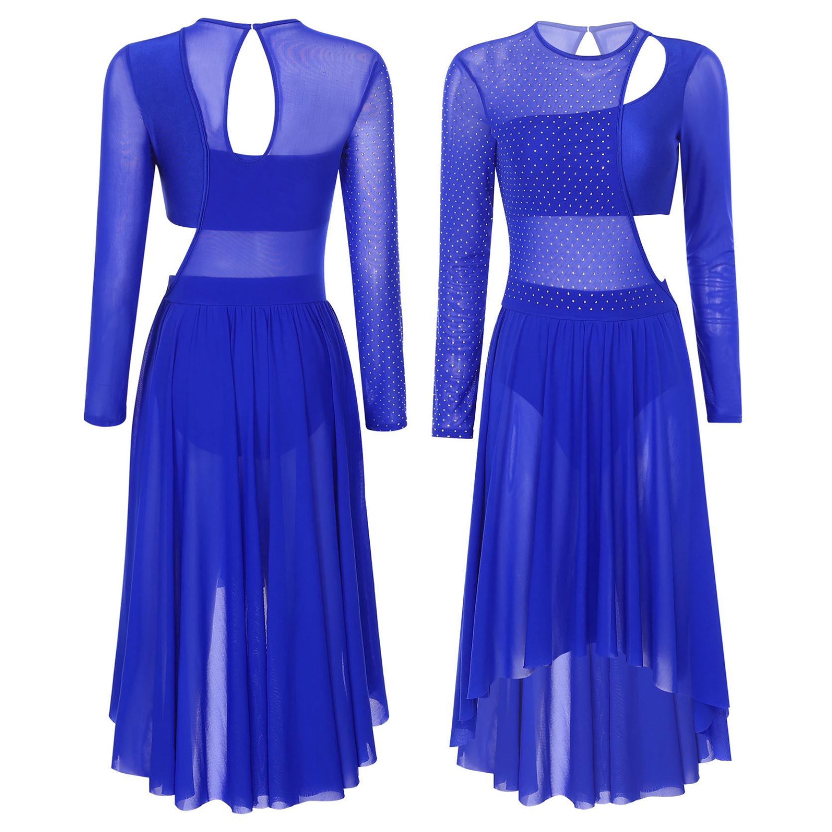 

Женский лирический современный танцевальный костюм с длинными рукавами и стразами, сетчатое лоскутное платье с вырезами, балетное трико, платье XXL королевский синий
