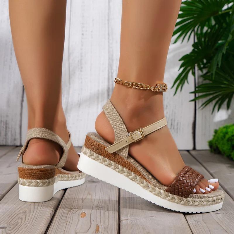 Fashion Weaving Platform Women's Sandals 2024 Ankle Buckle Med Heels Beach Sandalias Mujer Plus Size 43 Open Toe Med Heel Summer Shoes