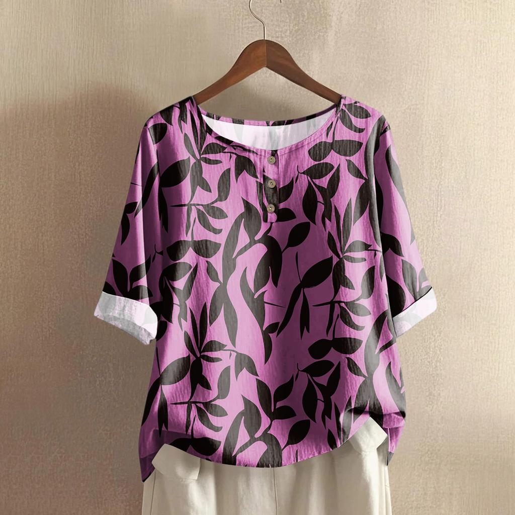 Women's Casual Mid-sleeve Round Neck Retro Floral Print Cotton And Linen Top