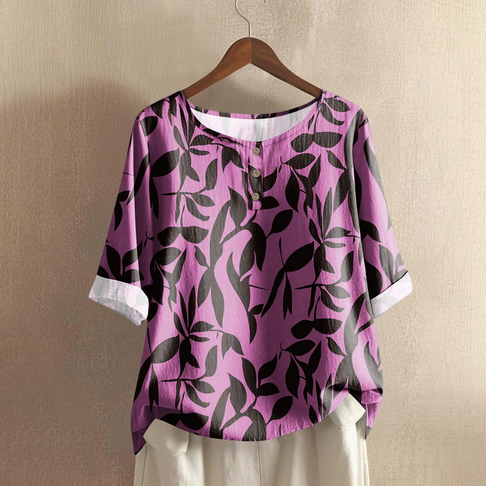 

Женский повседневный топ с рукавом средней длины, круглым вырезом, в стиле ретро, с цветочным принтом, из хлопка и льна XL фиолетовый