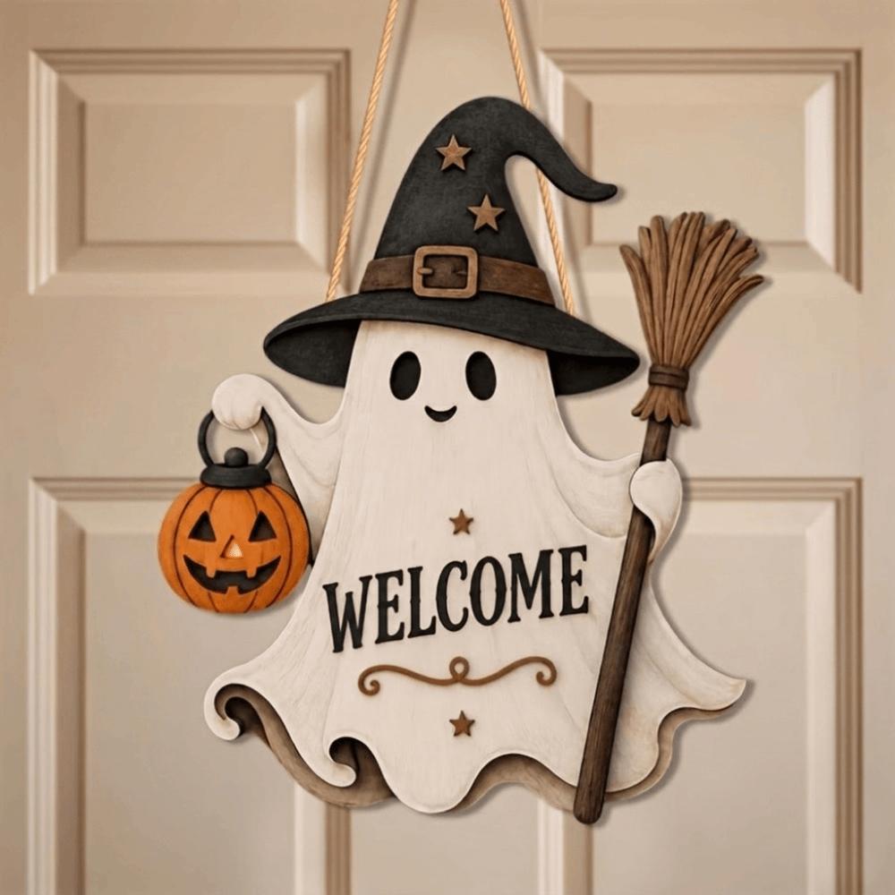 Cartoon Pattern Ghost Door Hanging Rustic Style Halloween Hanging Plaque Front Door