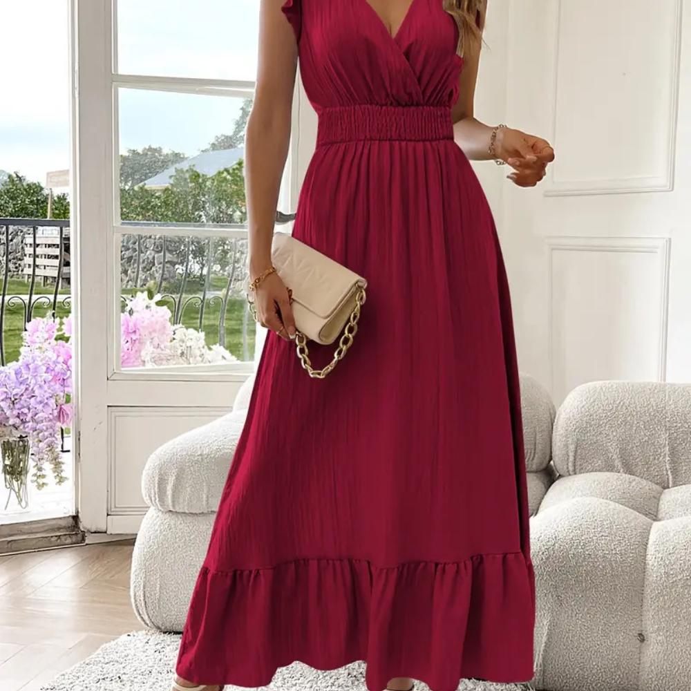 Rochie Elegantă de Damă Culoare Solidă Vară Fără Mâneci Decolteu în V Slim Confortabilă Largă Rochie Lungă