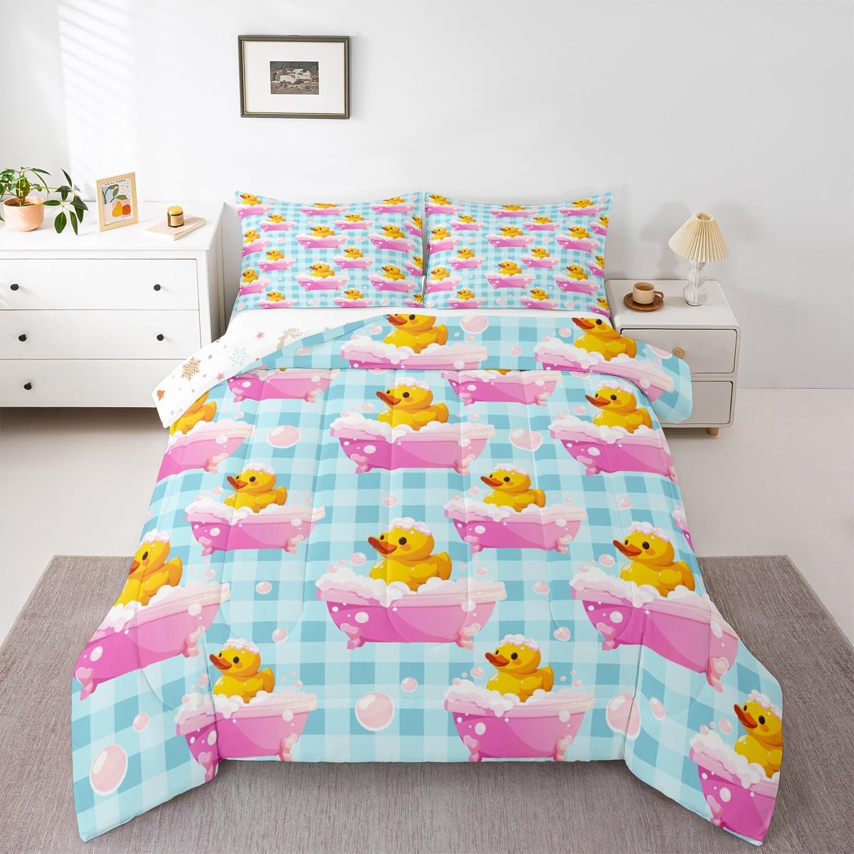 

Erosebridal Kids Yellow Rubber Duck Bedding Set Full Size Cartoon Ducks Comforter Set Funny Animal Bed Sets Cute Pet Animal Duvet Quilt Sets 155x200cm