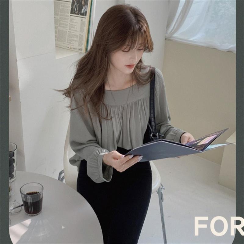 YYFS Damemote Uformelt vår Høst Ensfarget trykk Langermet firkantet krage bluser og skjorter