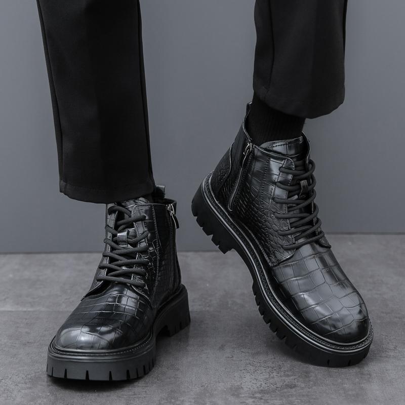 2024 Winter Classic Men's Leather Ankle Boots Trend Height Increasing High Top Shoes Handsome Workwear Boots for Men's Lace Up