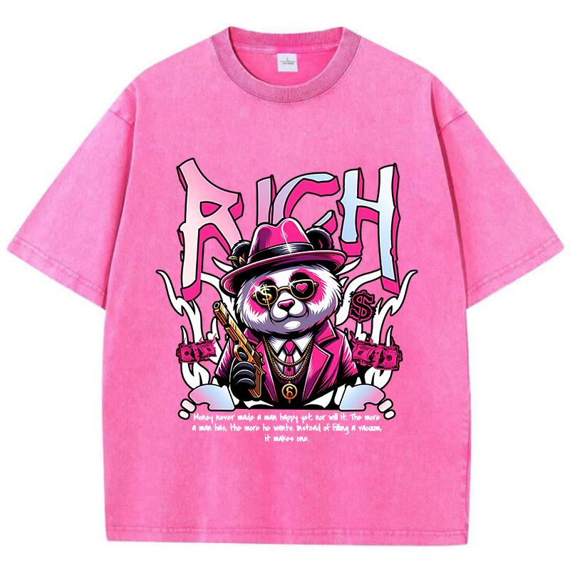 Baumwolle Damen Acid Wash T-Shirts Reichhaltige Cartoons Panda Druck Tees Übergroß Distressed O-Ausschnitt Kurzarm Kleidung