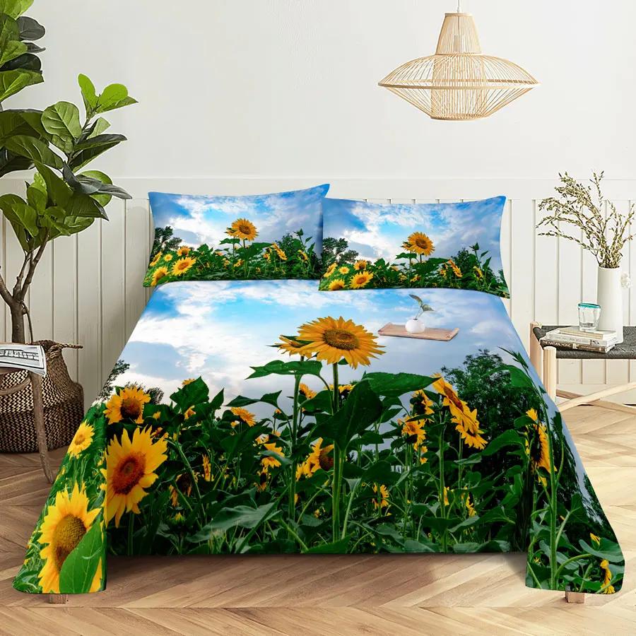 Sunflower Bed Sheets and Pillowcases for Single Double Beds Bedsheets Set with Pillow Case 2pcs 3pcs Queen Full Size 3D Soft