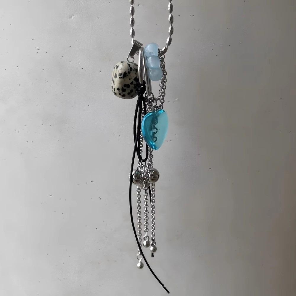 

Tassel Crystal Heart Necklace Colorful Sweater Chain Geometric Pendant Necklace Women Girls Gift E