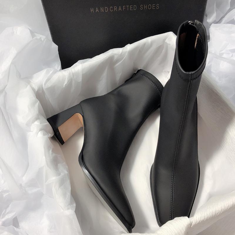 Square Ankle Boots Autumn Comfortable Soft Leather High Heel Boots Women's Fashion Zipper Simple Temperament Women's Shoes