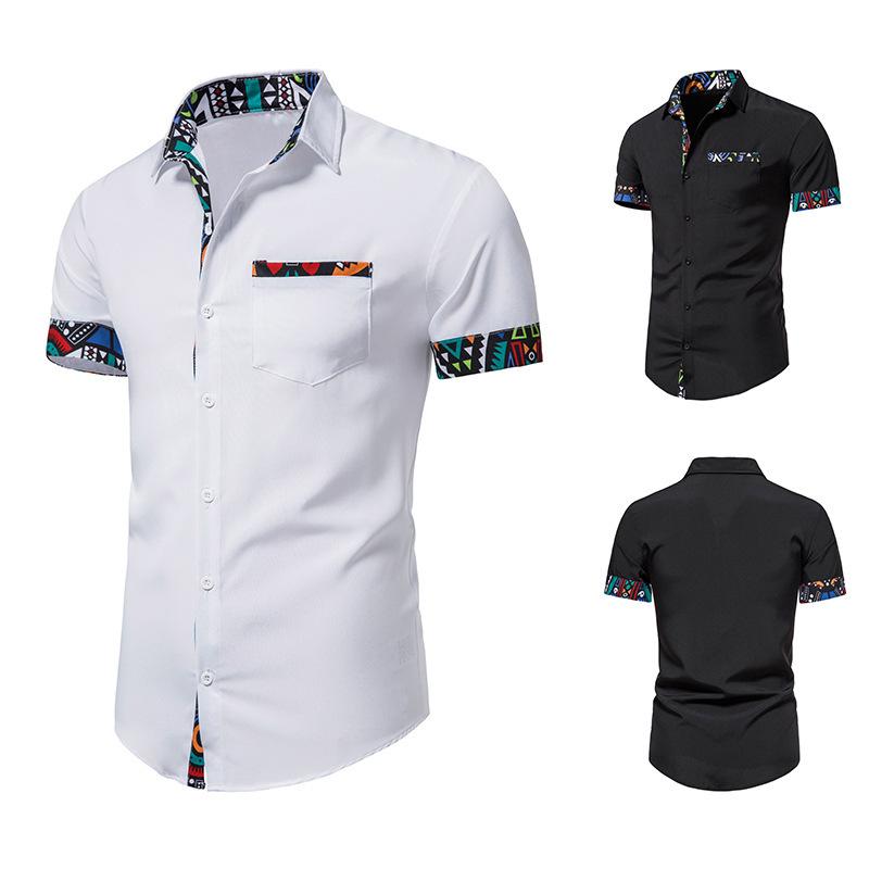 Summer Printed Men's Short Sleeved Shirt Splicing Design Short Sleeved Button Shirt