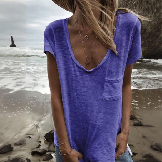 Women T-shirt Round Neck Short Sleeve Patch Pocket Tee Shirt Solid Color Loose Fit Thin Pullover Tops Daily Wear