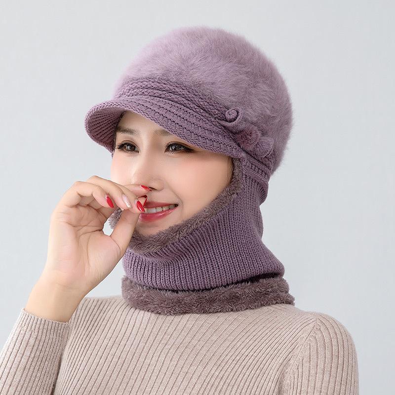 Middle aged mother rabbit fur scarf one-piece hat female winter cycling plush wool old man hat scarf warm
