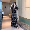 Women's V Neck Five Flutter Sleeve Black Leaf Print Chiffon Maxi Dress High Waist A Line Elegant Summer Vacation Long Dress