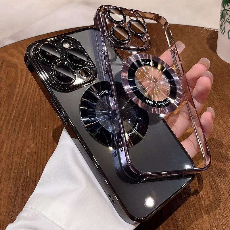 Luxury Plating For Magfsafe Transparent Case For iPhone 15 14 13 12 11 Pro Max Plus Soft TPU Full Lens Protection Magnetic Cover