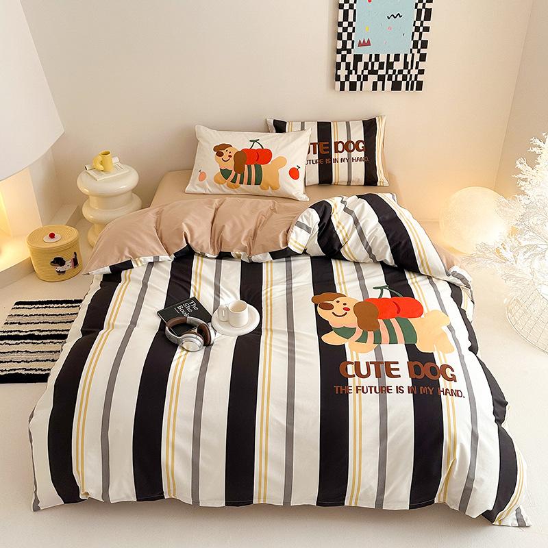 Pet Dog Cartoon Stripe Printed Bedding Set with Pillowcases,2PCS Two-sided Dachshund Printed Duvet Cover for Children and Adults