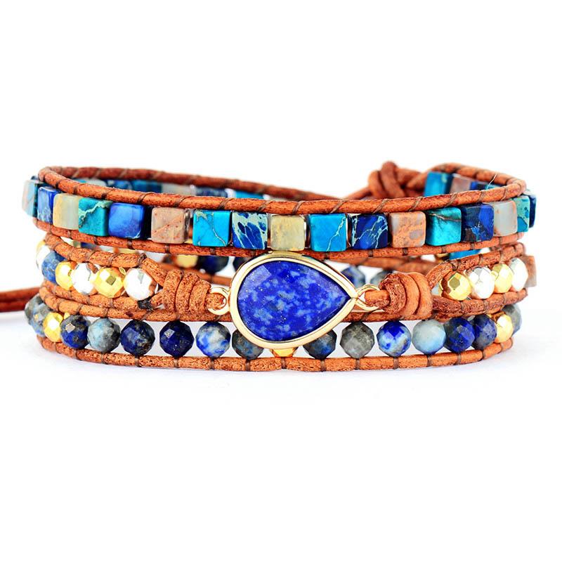 Trendy and Popular In Europe and America: Lapis Lazuli and Imperial Stone Multi-layered Braided Bracelet with Leather Cord, Wholesale Jewelry.