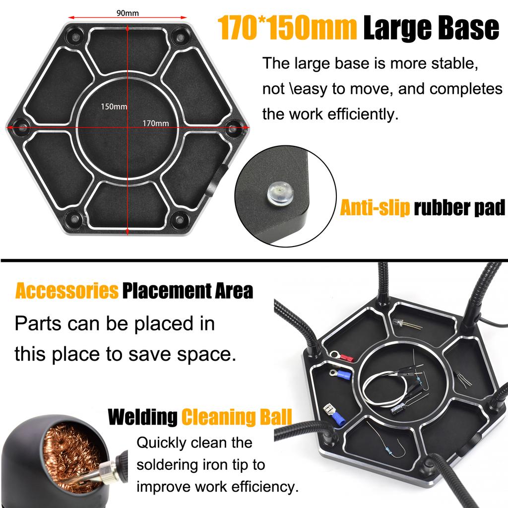 NEWACALOX Soldering Third Hand Tool Hot Air Gun Stand with Welding Tip Cleaning Ball 3X LED Illuminated Magnifier PCB Holder