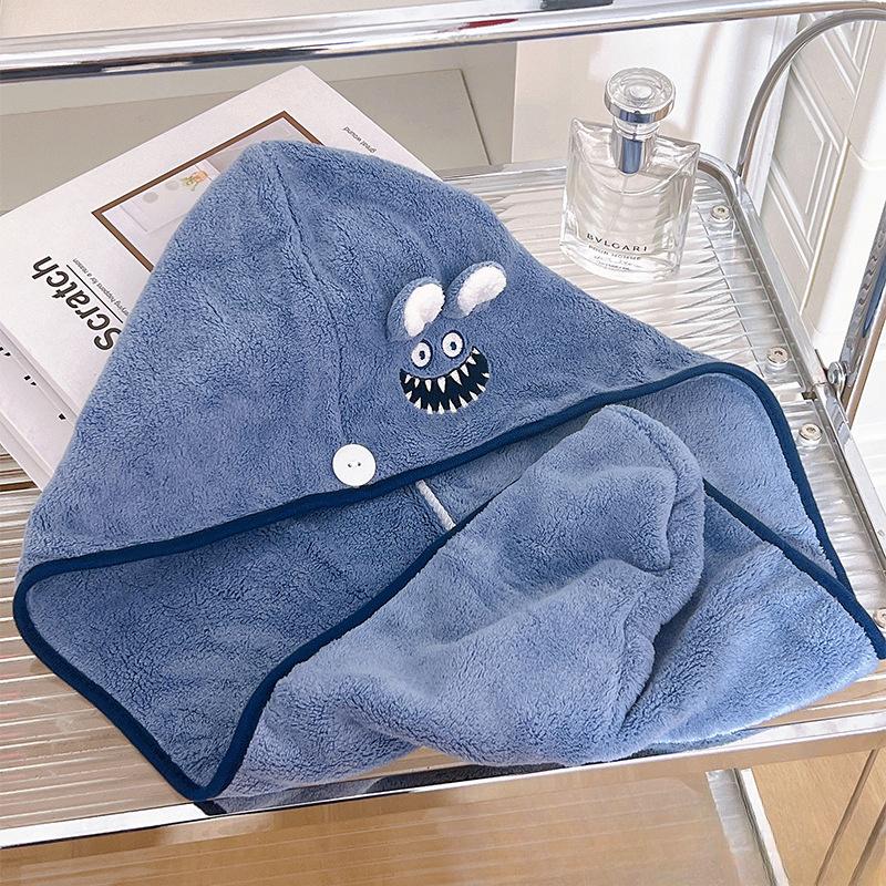1pc Microfiber Hair Towel With Button Soft Hair Drying Cap Cartoon Pattern Hair Towel For Bathroom
