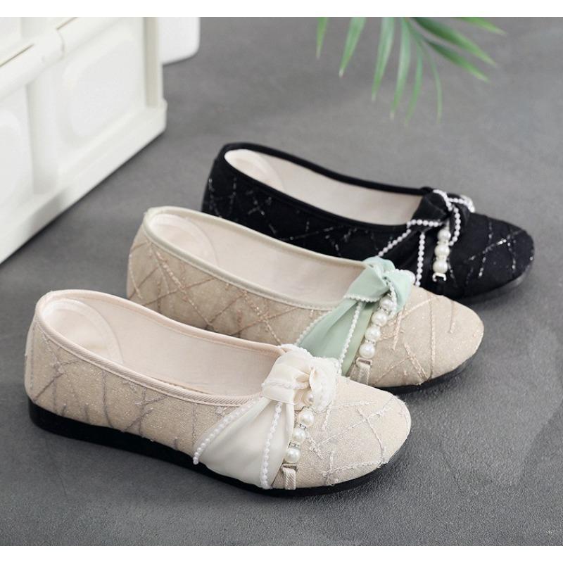 New Pearl Decorated Soft Bottom Flat Women's Shoes Spring Casual Breathable Lightweight Cotton Upgraded Version Fairy Style