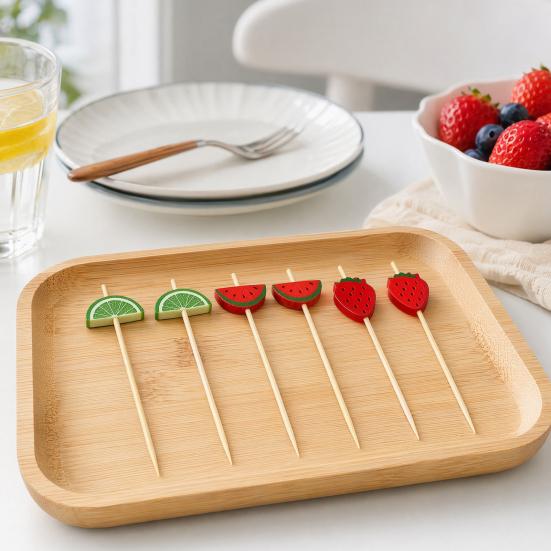 100PCS Disposable Fruit Tags, with Cartoon Fruit Decor Cocktail Picks, Durable Bamboo Skewers, for Fruits Barbecue Cocktails Cakes