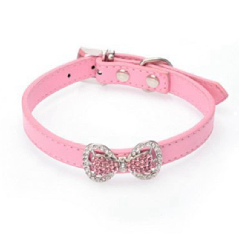Small Dog Collar Bling Rhinestone Bow PU Leather Pet Necklace Poodle Pomeranian