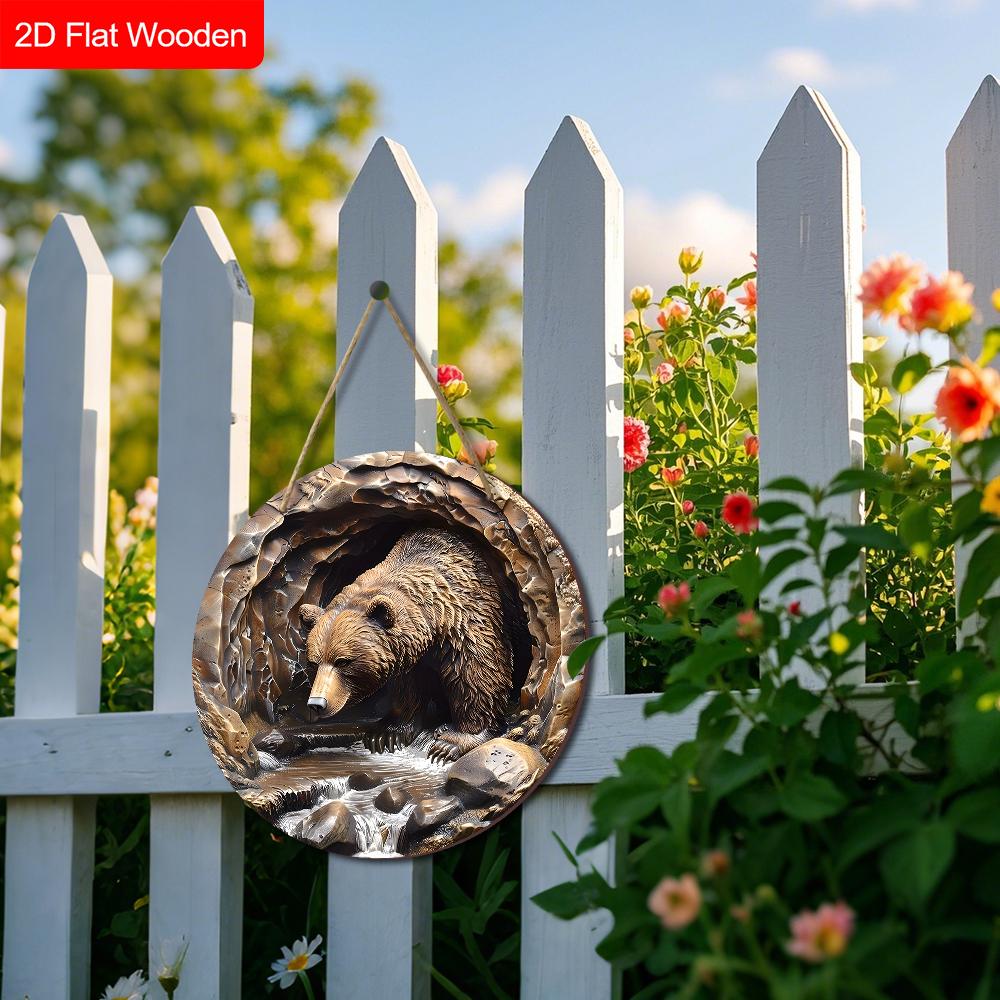 Rustic Wooden Sign with Bear Pattern - Charming Round Sign for Front Door, Wall Hanging Decor - Ideal Gift for Friend