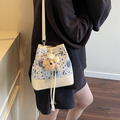 Delicate Cartoon Bear Print Drawstring Women's Bucket Bag New Cute Versatile Women's Shoulder Messenger Bag