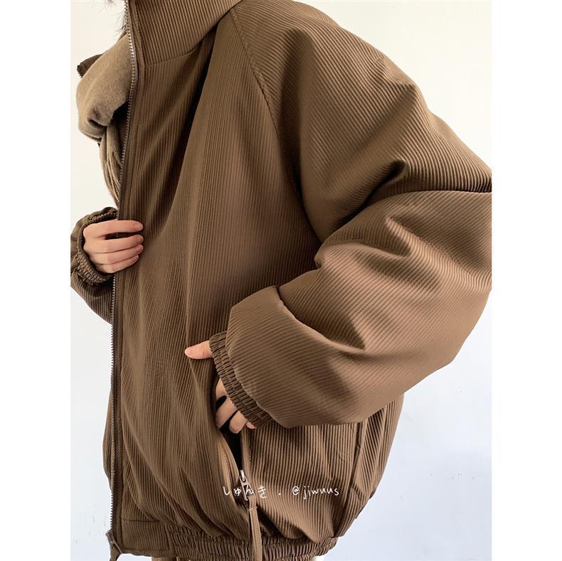 Unisex Retro Japanese Maillard Coffee Stripe Cotton Padded Winter Jacket