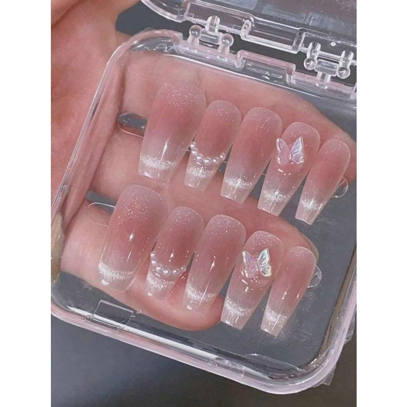 10 Pcs Phototherapy Handmade Blush Butterfly Fake Nails For Women Gift Daily Wear Press On Nails Nail Art Supplies