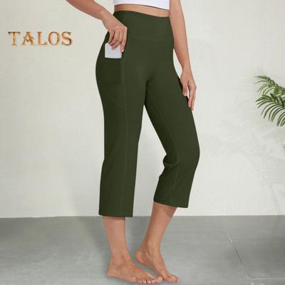 Women Cropped Pants with Pockets Solid Color High Waist Yoga Running Training Trousers Hip Lifting Leisure Pants
