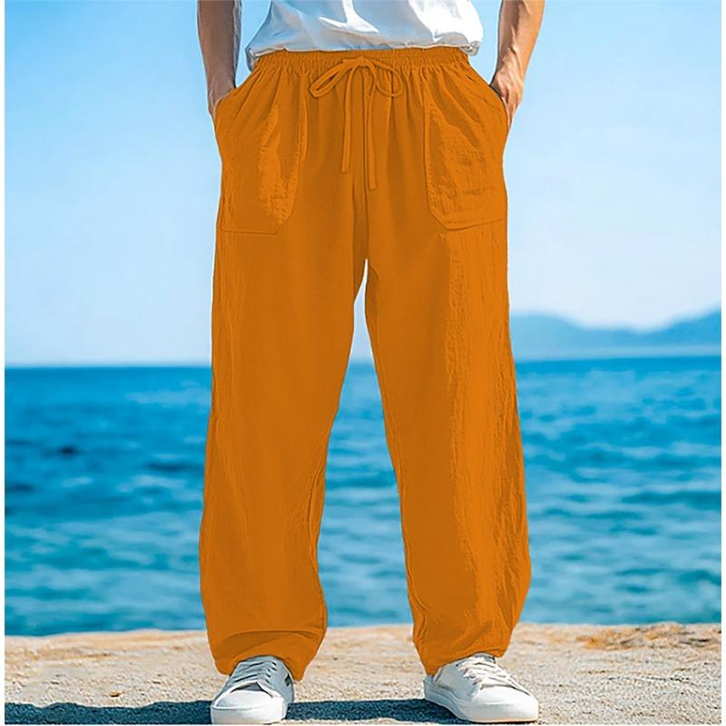 Men Linen Casual Pants Elastic Drawstring Waist Loose Wide Leg Side Pockets Summer Beach Long Trousers