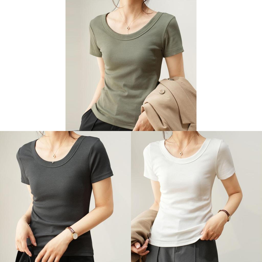 Casual Summer T Shirt For Women With High Elastic Ribbed Fabric And U Neck Design
