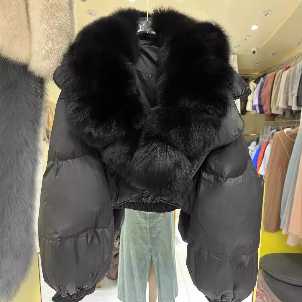 Big fox fur collar new high-end fur white duck down foreign gas down jacket high waist short coat