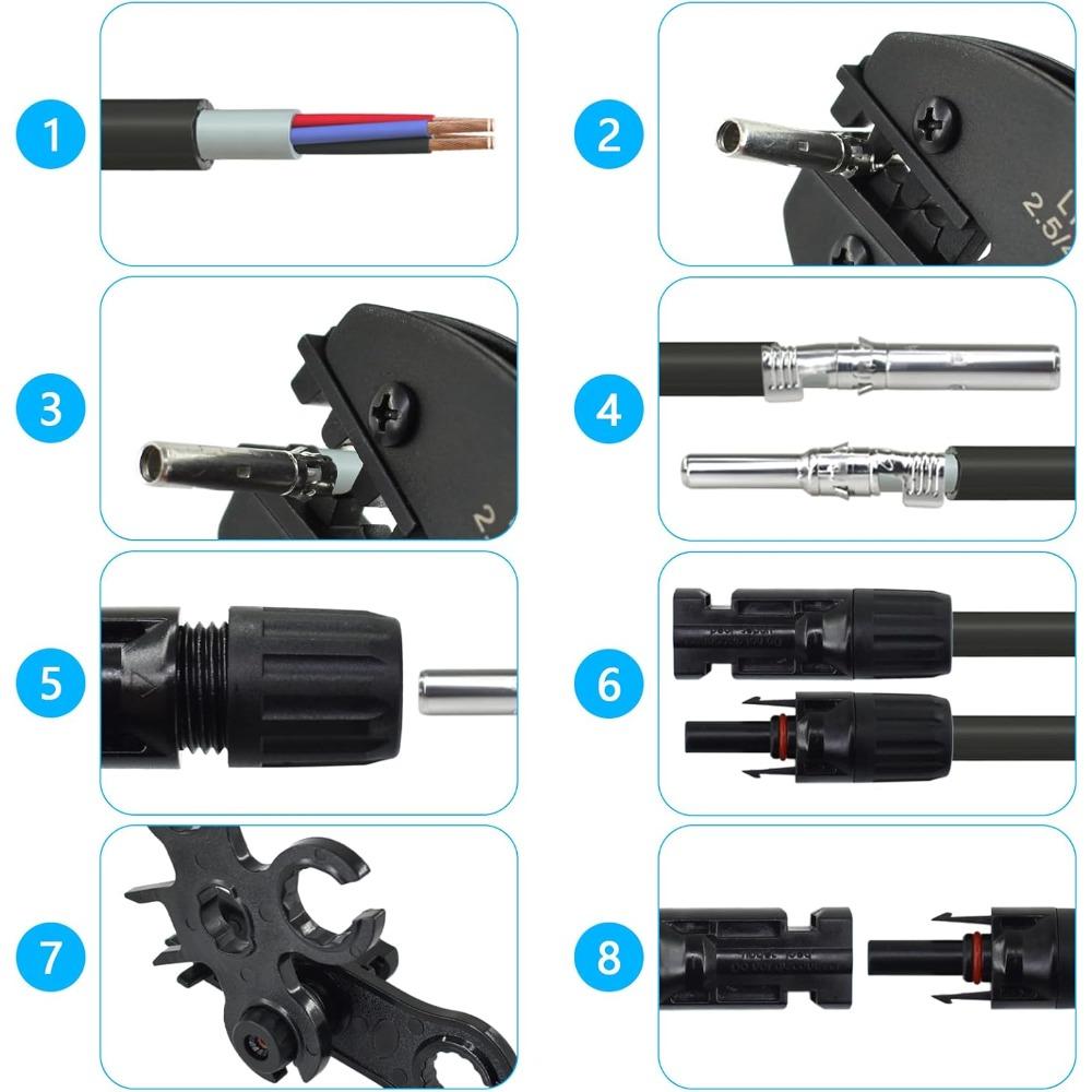 This heavy-duty solar cable crimping tool includes 6 pairs of panel connectors, 1 cable crimping pliers, 1 right-angle wrench, and 1 Phillips wrench.