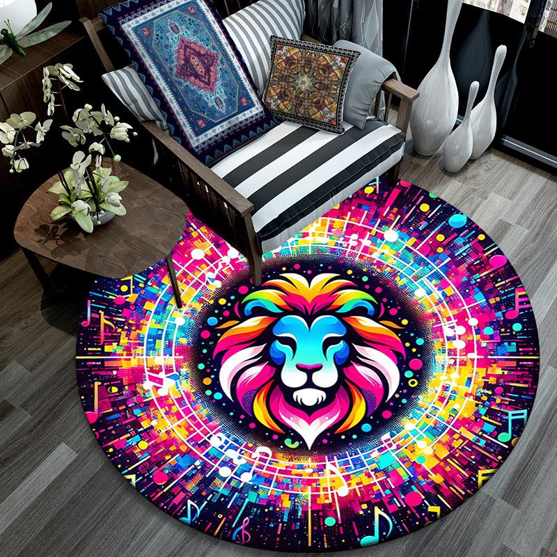 1pc Soft, Absorbent & Non Slip Music and Colorful Lions Round Rug Soft Circle Rug for Living Room & Bedroom Decor, Chair Mats, and Unforgett