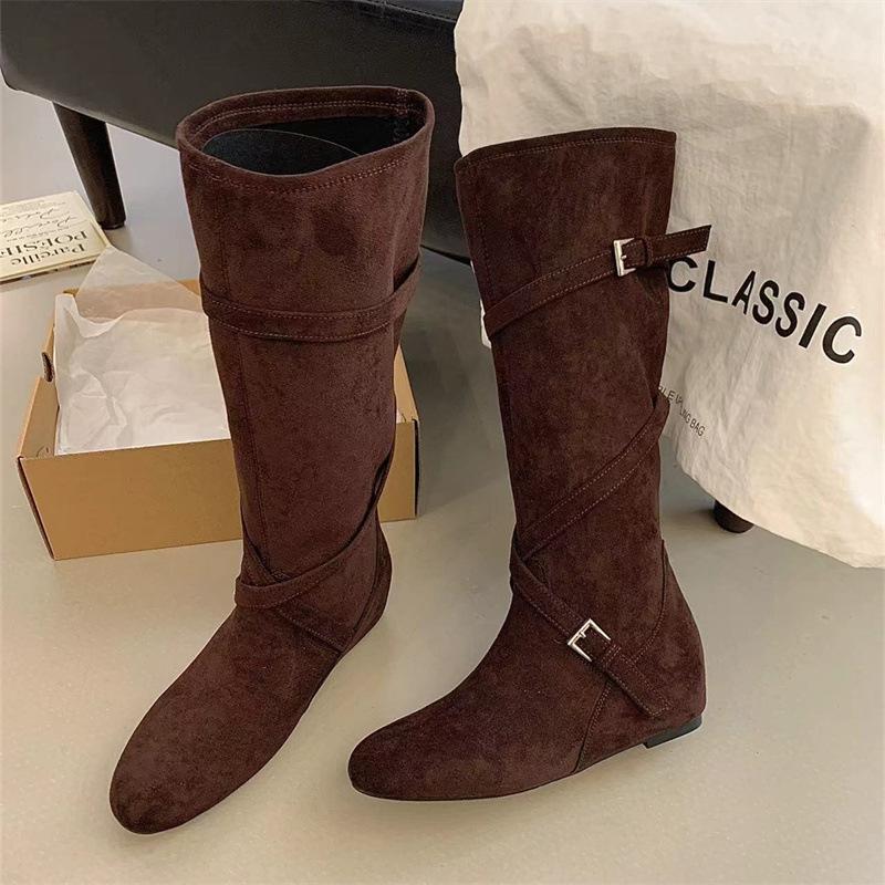 Stacking boots retro matte suede inner heightening cross belt buckle boots comfortable western cowboy high boots