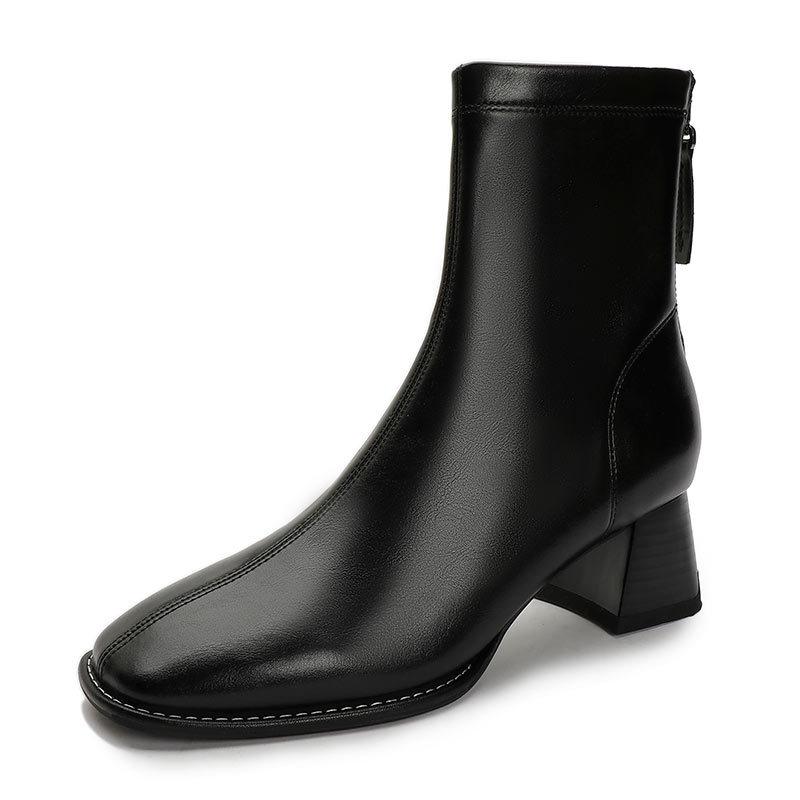 Square Head Short Boots Women's Single Boots New Autumn and Winter Boots Soft Leather Rear Zipper Middle Heel Medium Tube Thin Boots