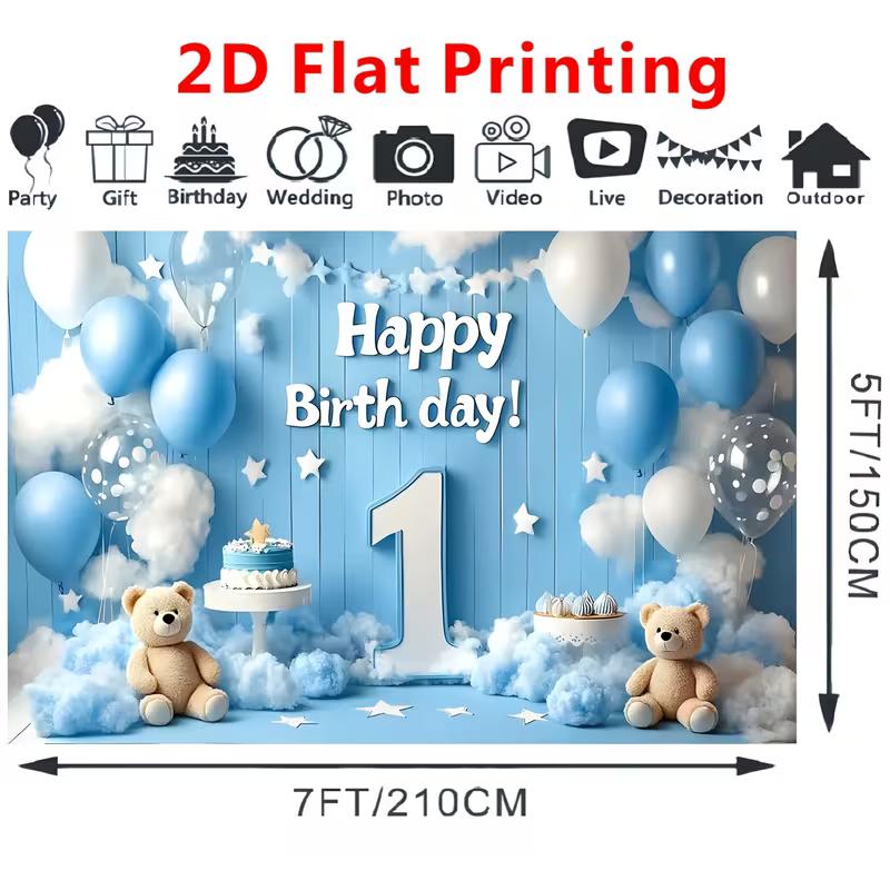 2D Happy 1st Birthday Backdrop Teddy Bear Blue Sky Wood Photo Booth Background