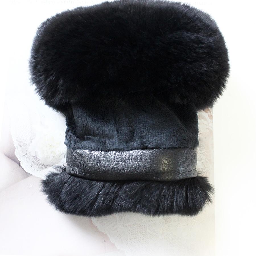 Fashionable New Sheepskin Fingerless Gloves Women's Black Leather Rabbit Fur Velvet Lined Winter Warm Short Half Finger Gloves