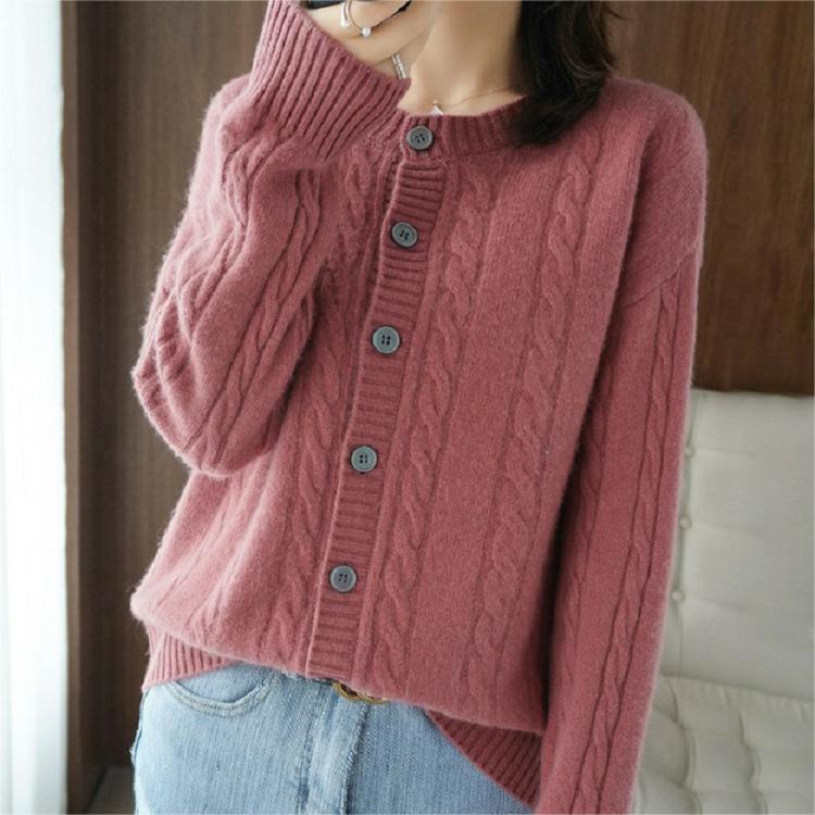 Twist crew neck cardigan women's shoulder loose solid color top fashionable and elegant sweater jacket women's spring and autumn simple