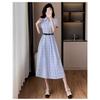 Light Blue Striped Shirt Dress Women High-Waisted Short Sleeve Midi Relaxed Fit Casual With Piqu Collar