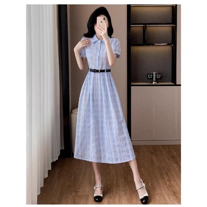 Light Blue Striped Shirt Dress Women High-Waisted Short Sleeve Midi Relaxed Fit Casual With Piqu Collar