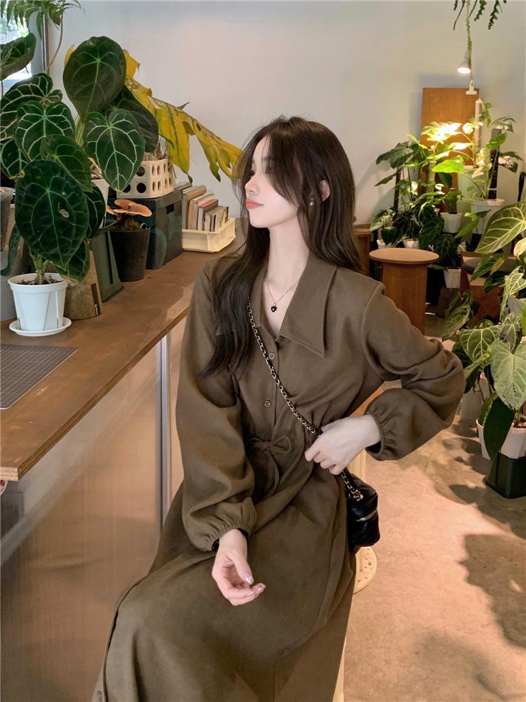 2026 Spring French Minimalist A-Line Long Sleeve Waist-Cinching Dress - Women s Elegant Slimming Design One Size кофейный