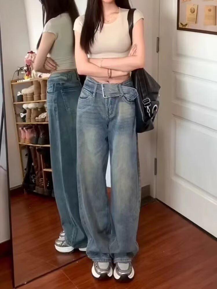 

Женские джинсы с высокой посадкой и прямыми штанинами - Новинка 2024, облегающие, свободного кроя для весны, осени и зимы XL синий