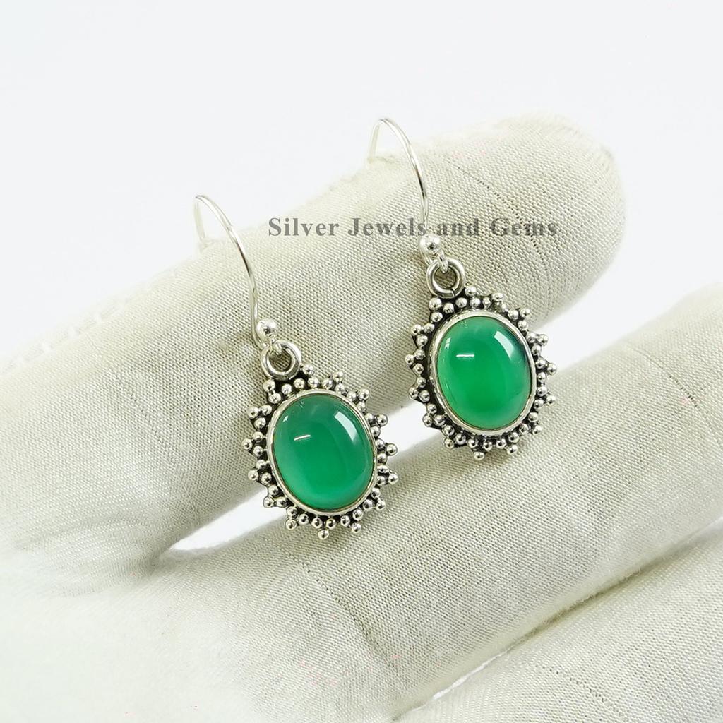 Handmade Green Onyx Earrings: Dainty 925 Sterling Silver Dangle