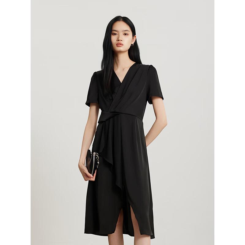 Gejin Women s V-Neck Irregular Hem Waist-Cinching Dress L чёрный