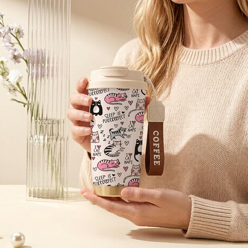 532ml Coffee Mug Sleeping Cat & Heart Elements Lanyard Insulated Cup Gift Cup Handheld Cup Lightweight Cup Leakproof Coffee Cup