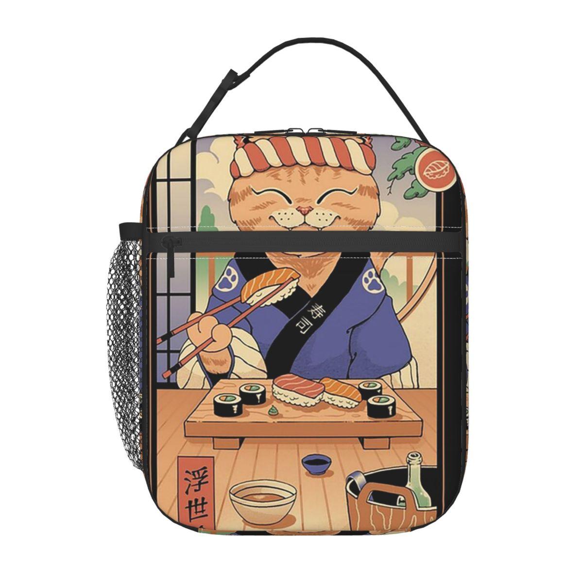

A Cat In A Kimono Eating Sushi Insulated Lunch Bag for Women Office Cooler Thermal Food Box Tote Leakproof Lunch Boxes Container One Size