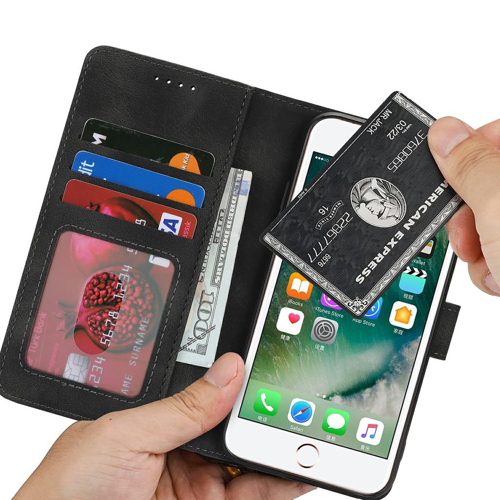 Wallet Case for iPhone SE (2022)/(2020)/8/7 Double Folded Edge Skin Touch PU Leather Flip Phone Cover